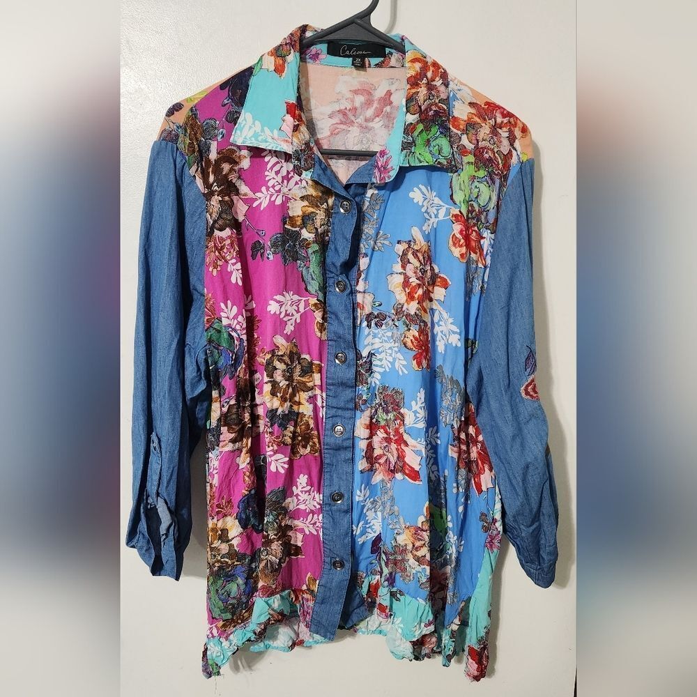CALESSA Womens Multicolor Floral Embroidered Block Button Down shirt size 2X